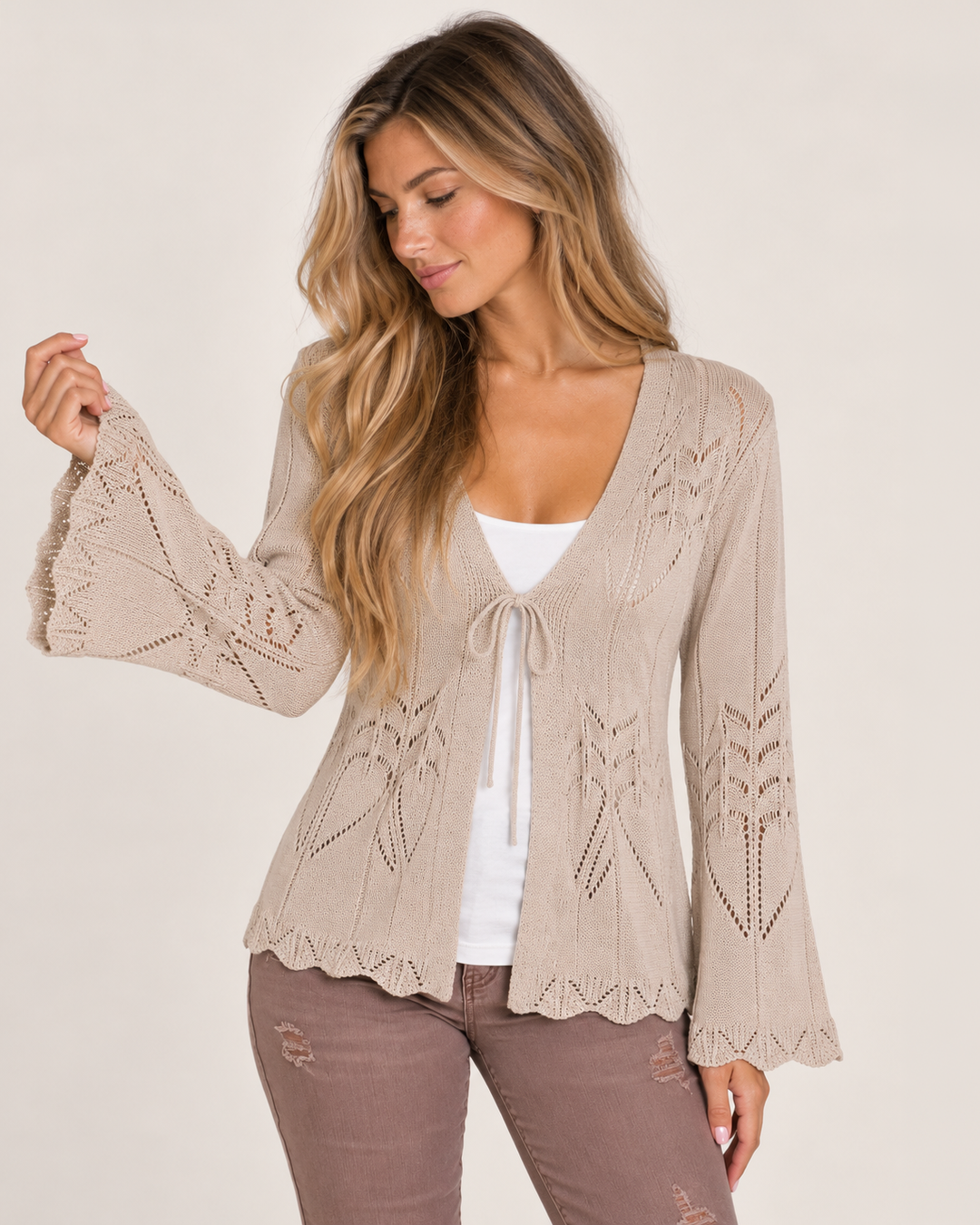 Grace and Lace | Open Knit Tie Front Cardigan | Taupe
