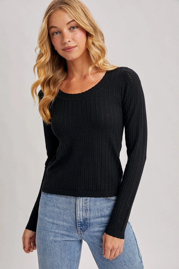Pointelle Long Sleeve Knit Top