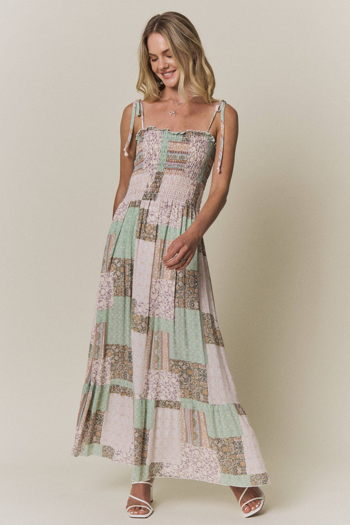 Patchwork Smocked Top Maxi Dress | Sage