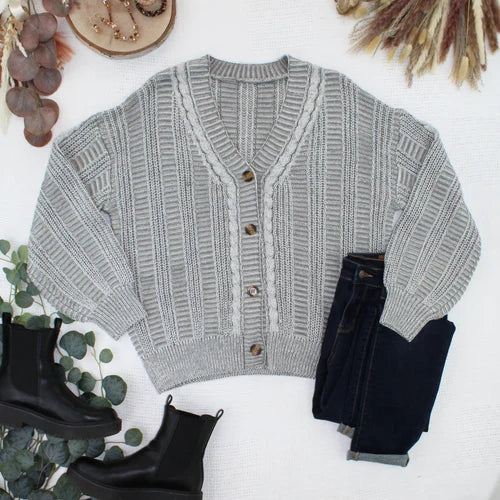 PREORDER  Michelle Mae | Cable Cardigan | Grey - ETA MID AUG