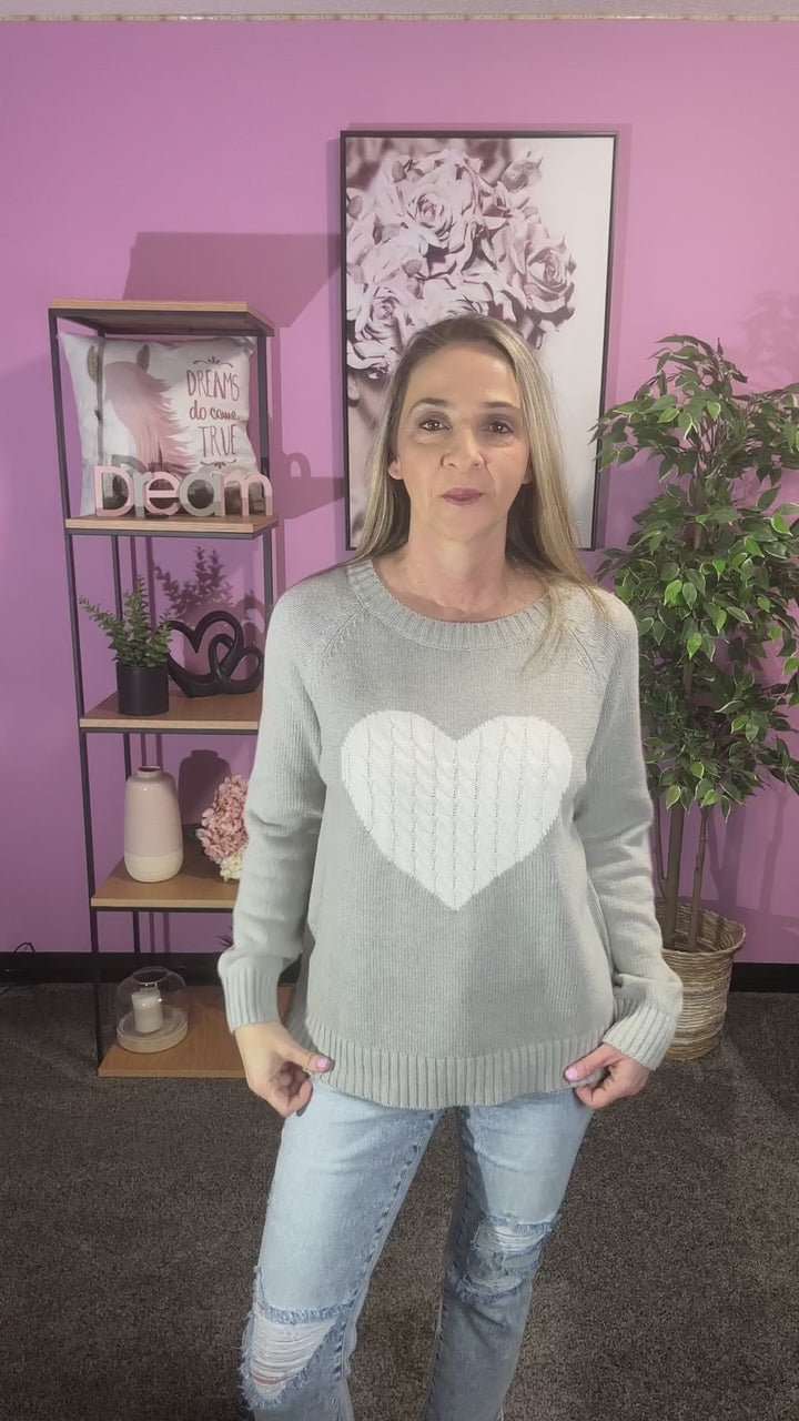 Cable Knit Heart Sweater | Grey & Ivory