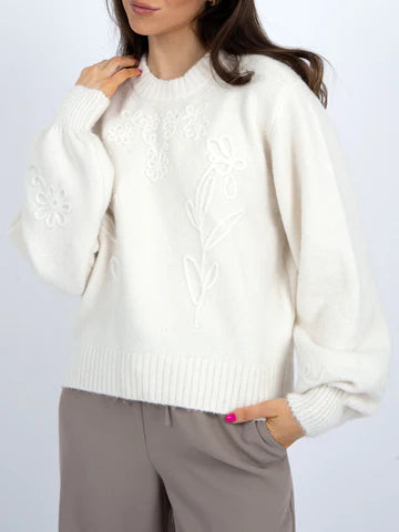 RD Style | Rhiana Floral Embroidered Knit Sweater | Cream