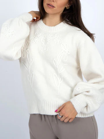 RD Style | Rhiana Floral Embroidered Knit Sweater | Cream